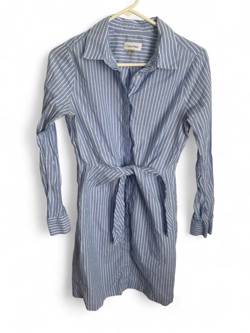 Calvin Klein Blue and White Striped Midi Shirt Dress with Tie Waist